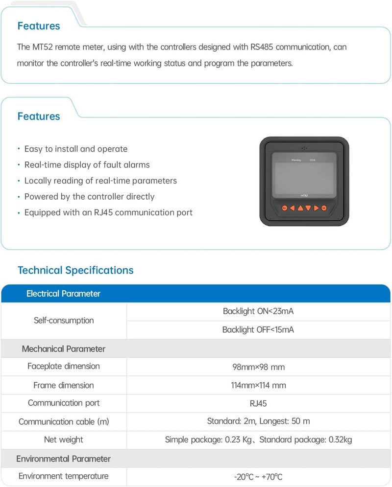 EPEVER MT52 Remote Meter for MPPT Solar Charge Controller 10/20/30/40A ,50/60/80/100A LCD Display Monitoring Setting Datas of Solar Panel Battery Regulator System (MT52) - Image 2